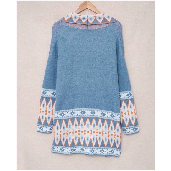 040 Cozy Blue Tribal Western Open Front Pocket Cardigan - Picture 7 of 7